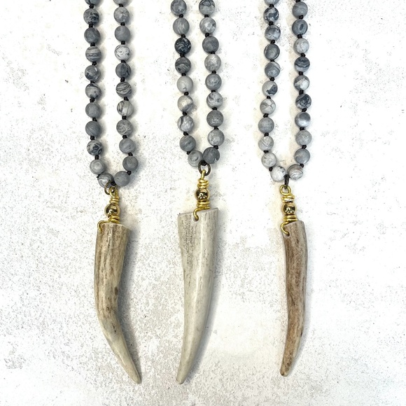Deer Antler Gemstone Necklace. Gray Jasper - Picture 2 of 5